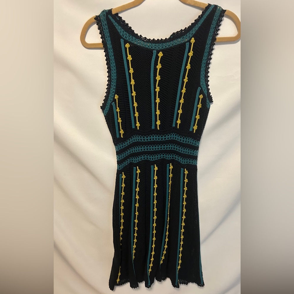 Black Knit Sleeveless Dress with Teal and Yellow Detail